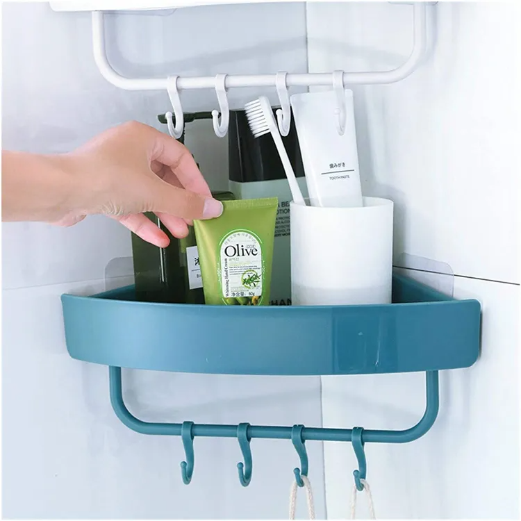 Triangle Shape Self Adhesive Corner Shelf With Hooks