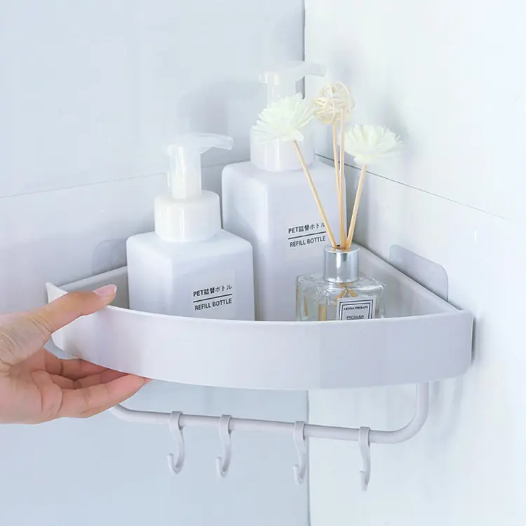 Triangle Shape Self Adhesive Corner Shelf With Hooks