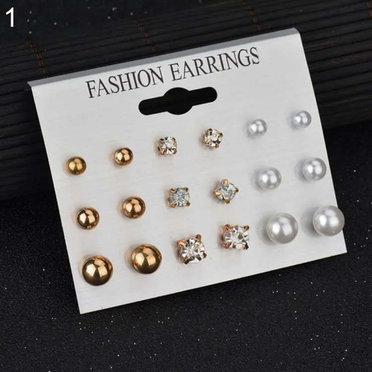 9 Pairs Rhinestone Pearl Stud Earrings