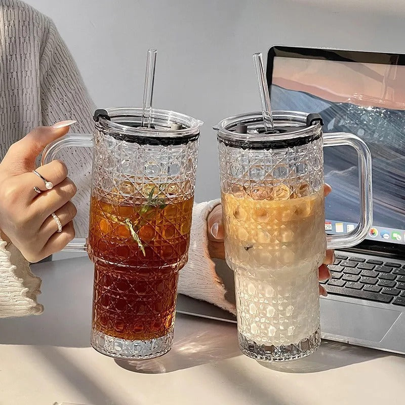 Stylish Glass Tumbler Cup with Handle & Straw