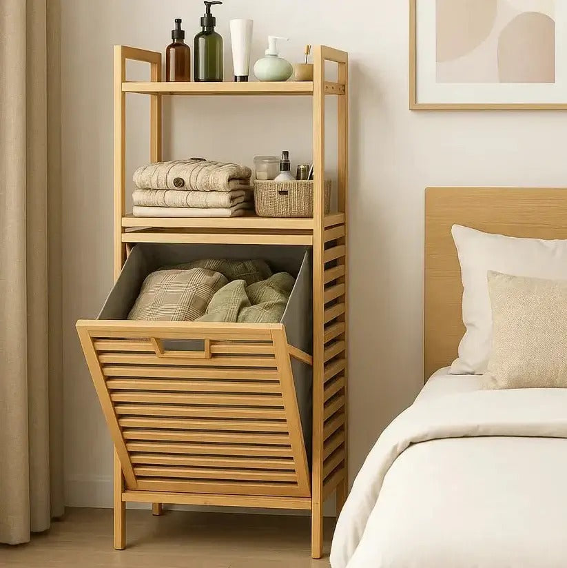 Laundry Basket with Wooden Storage Shelf