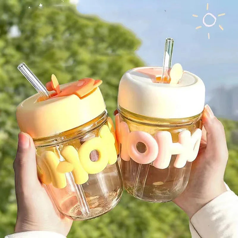 Cute Glass Cartoon Letter Straw Cup