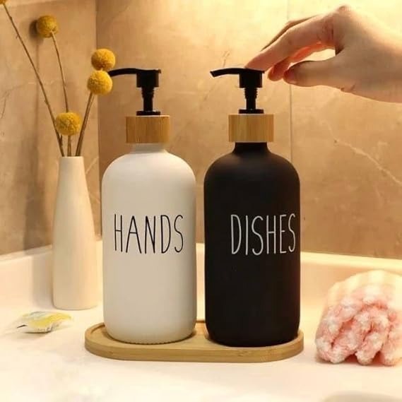 Luxury Hand & Dish Glass Dispenser Set (Wooden Base)