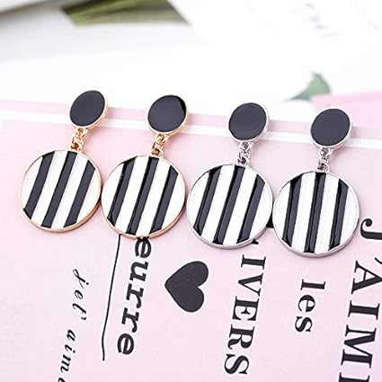 Elegant Black & White Stripes Circle Earrings