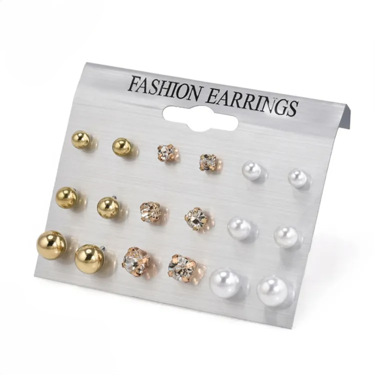 9 Pairs Rhinestone Pearl Stud Earrings