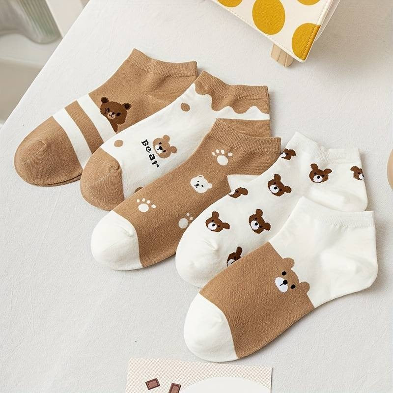 5 Pairs Cute Teddy Bear Printed Socks