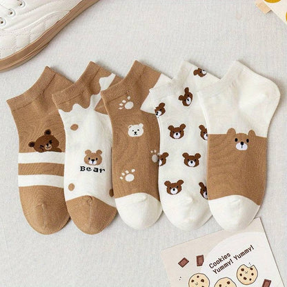 5 Pairs Cute Teddy Bear Printed Socks