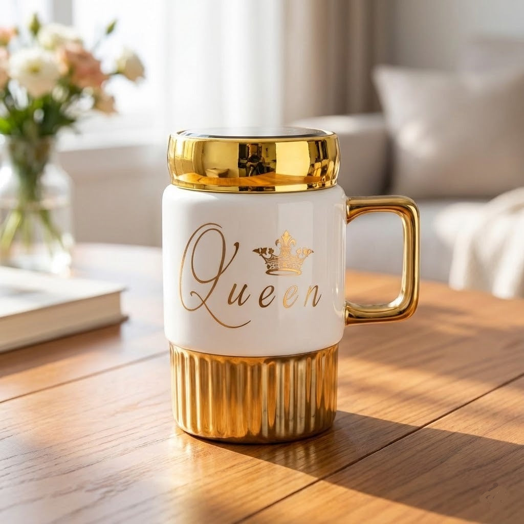 Ceramic Golden Coffee Mug with Mirror LId