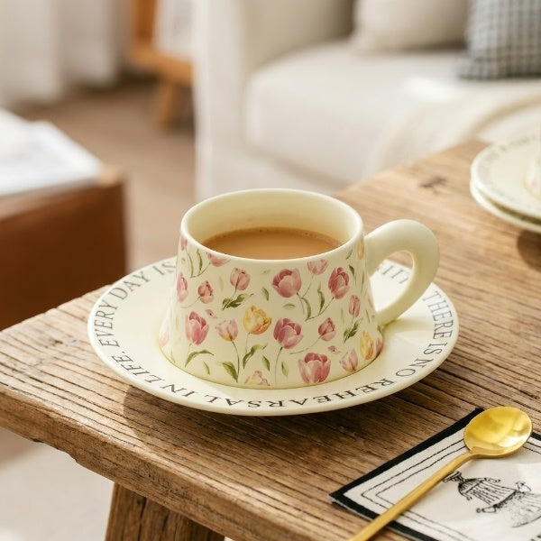 Flower Ceremic Coffee Mug with Sausar & Spoon