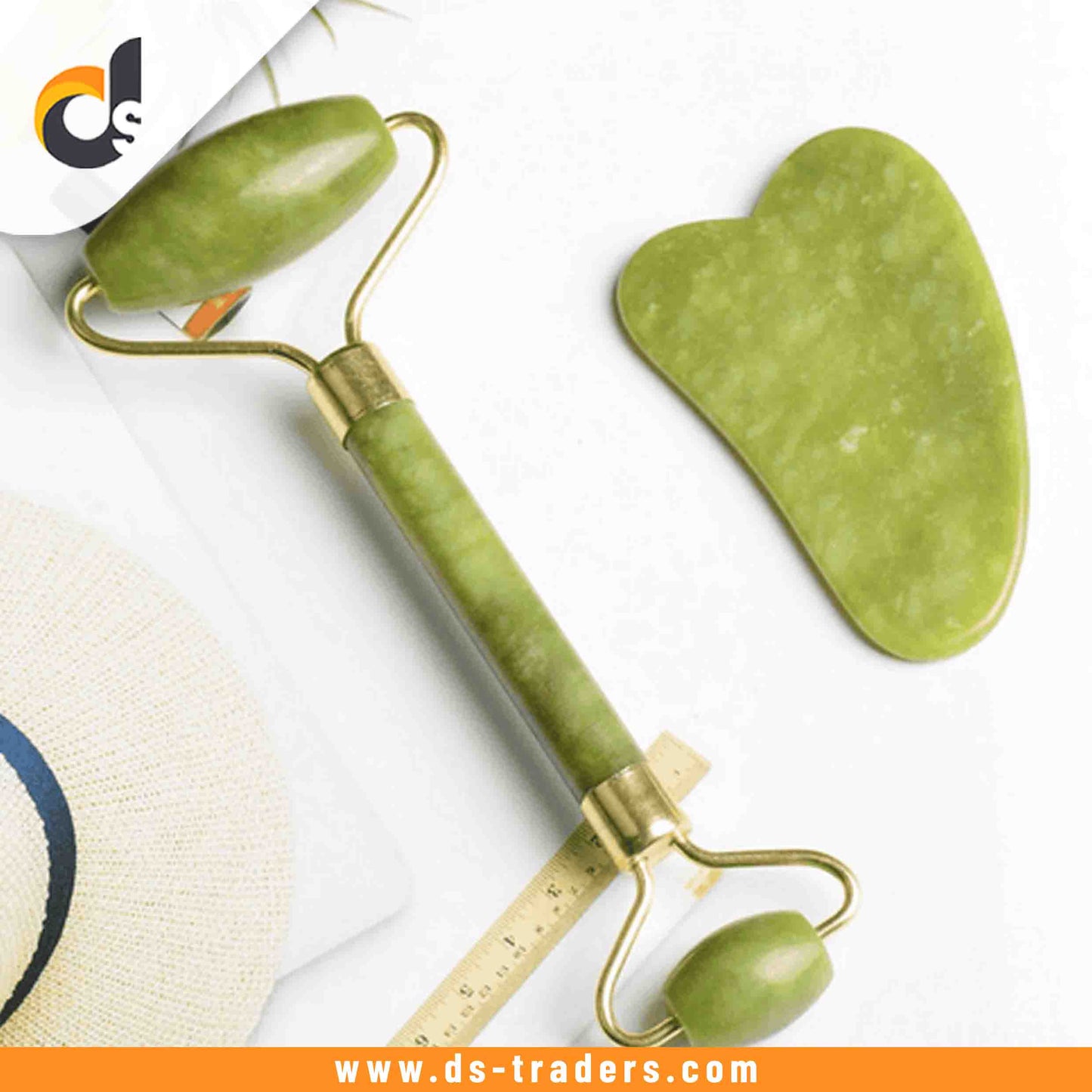 Anti-Aging Natural Stone Jade Roller With Gua-Sha For Face Massage Skin.