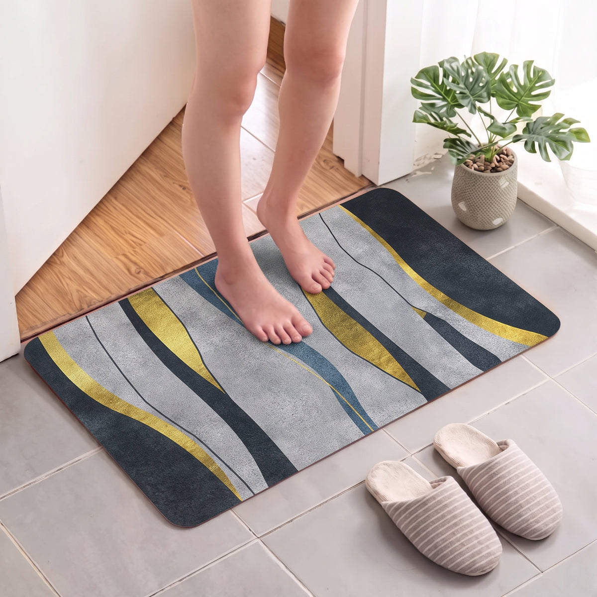Grey & Yellow Striped Floor Mat (Random Design)