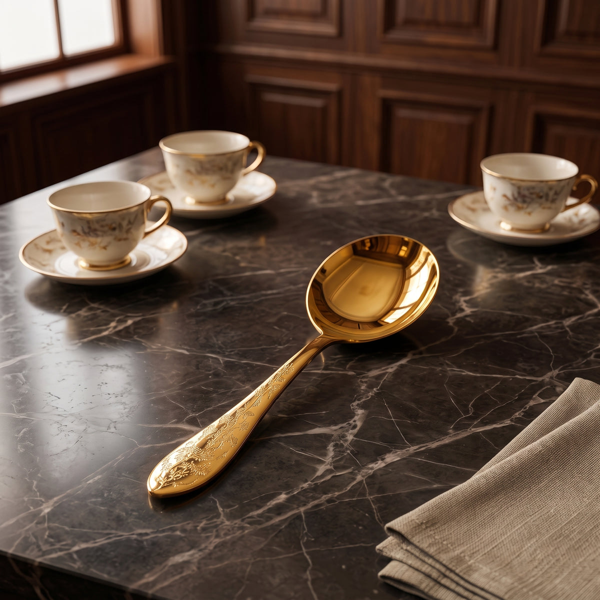 Stainless Steel Floral Gold Serving Spoon