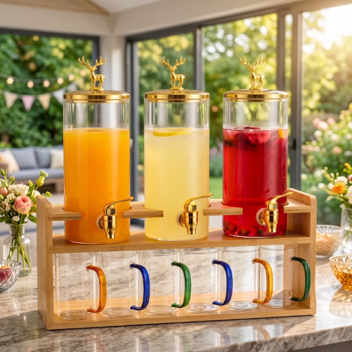 10PCs Elegant Beverage Dispenser With Wooden Stand