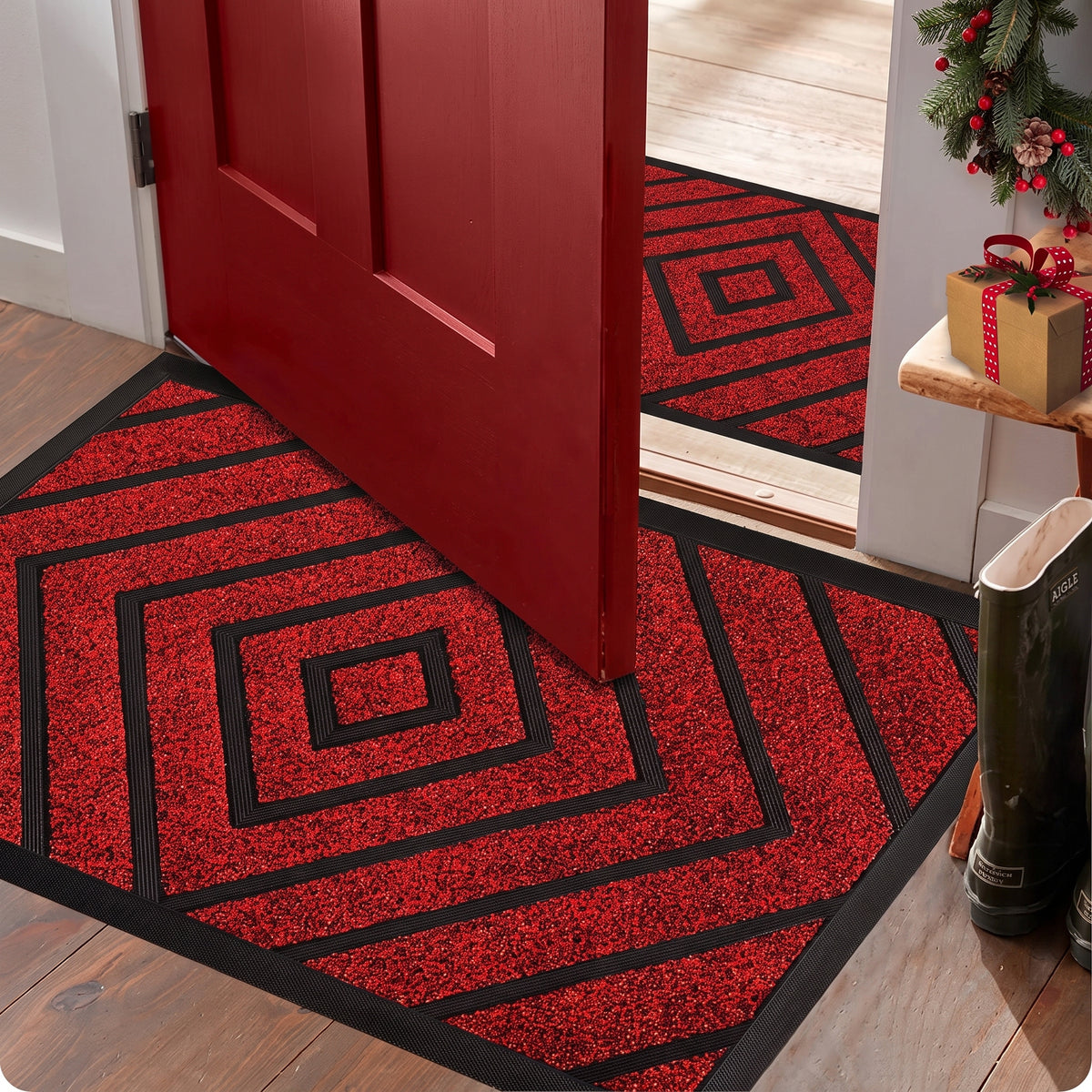 Red Geometric Non Slip Floor Mat