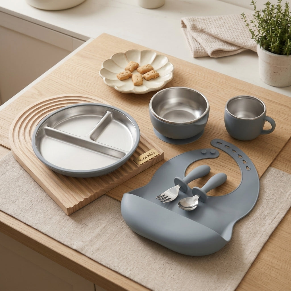 6 In 1 Silicone & Steel Baby Feeding Set