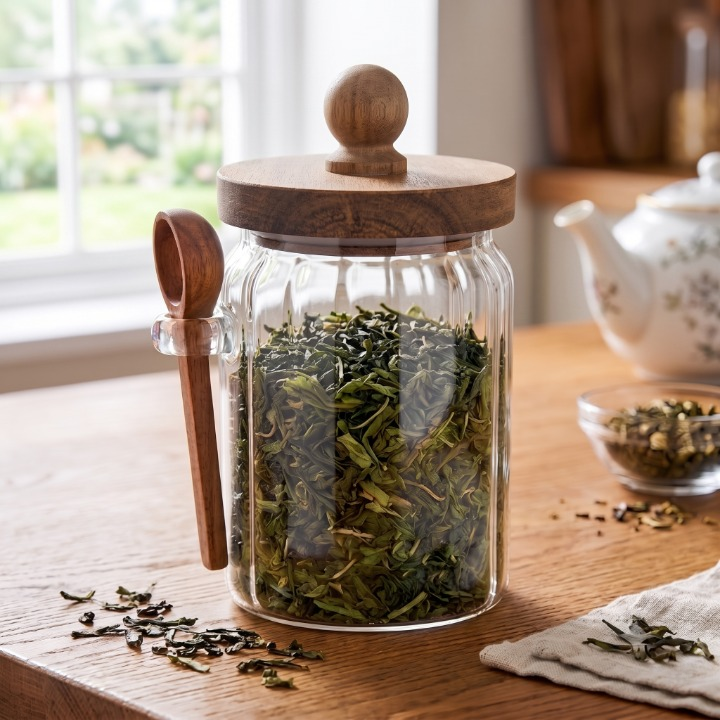 Glass Storage Jar with Wooden Lid & Spoon 500 ML