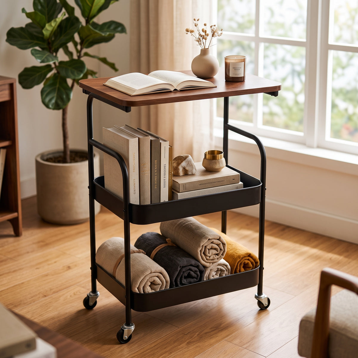 Luxury Rolling Side Table With Storage Shelves