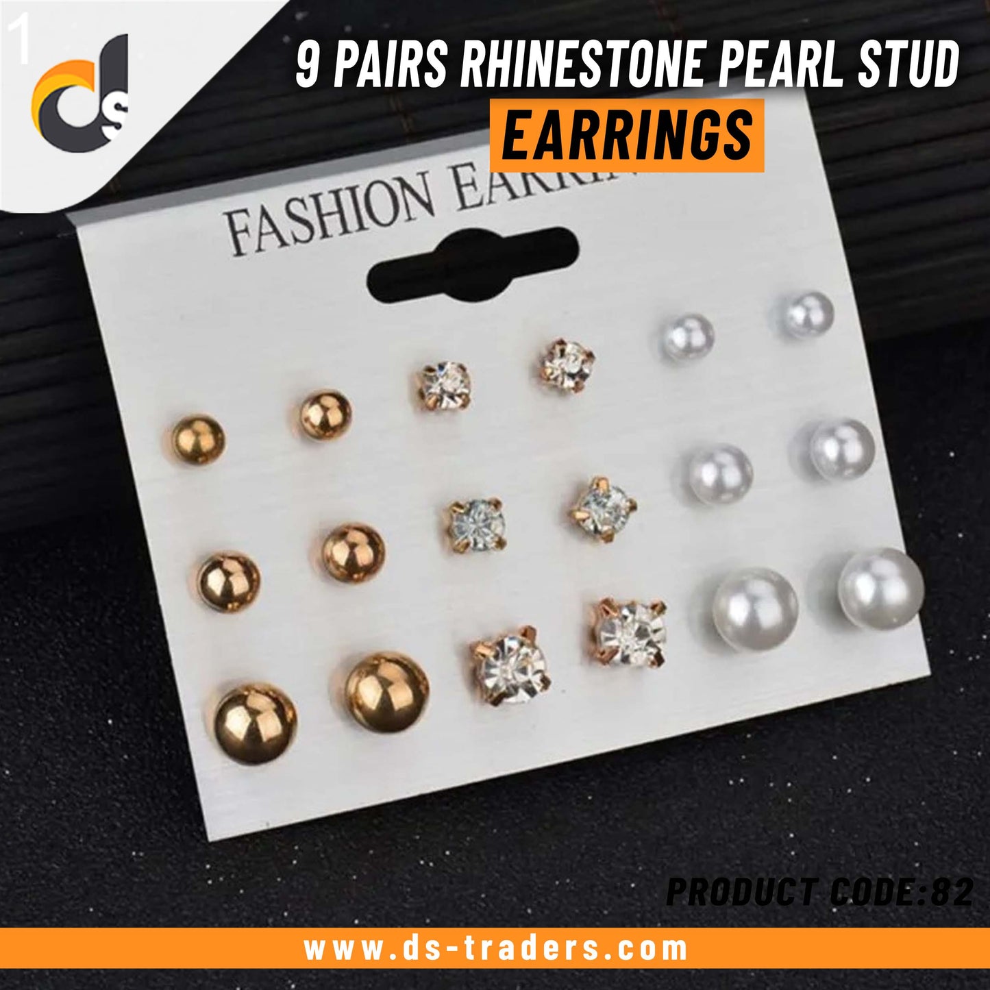 9 Pairs Rhinestone Pearl Stud Earrings