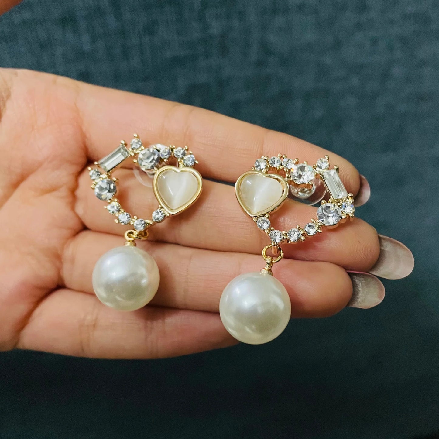 Luxury Zircon Heart Pearl Drop Earrings