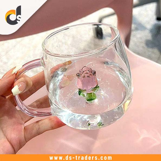 3D Rose Glass Cup With Handle