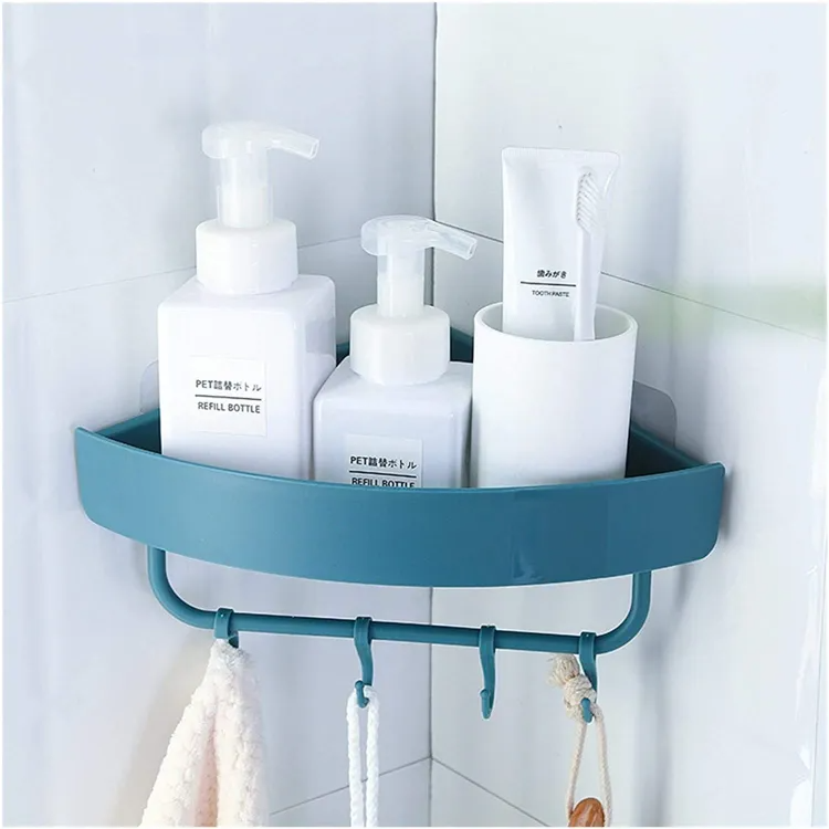 Triangle Shape Self Adhesive Corner Shelf With Hooks