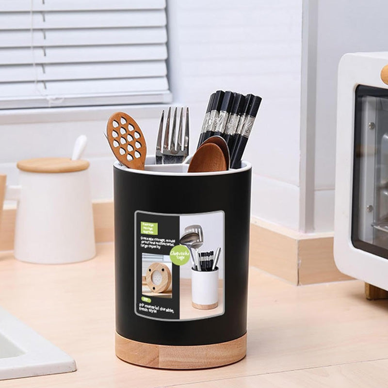 Elegant Utensil Storage Holder With Wooden Base
