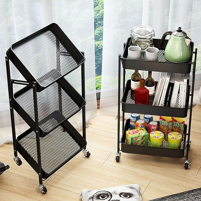 3-Tier Foldable Stainless Steel Rolling Cart