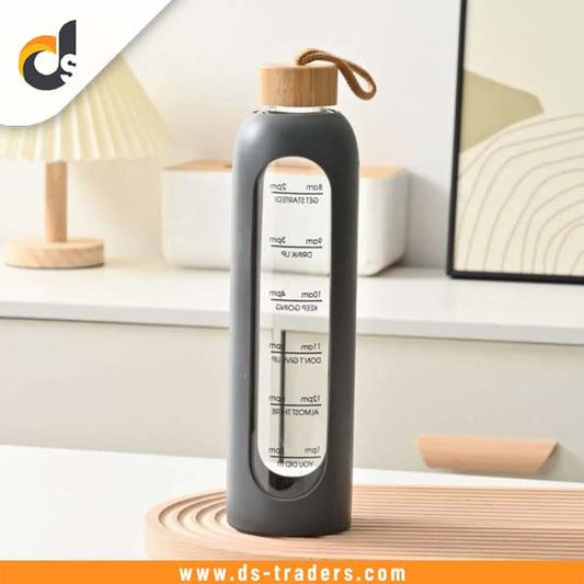 Bamboo Cap Glass Water Bottle with Time Marked