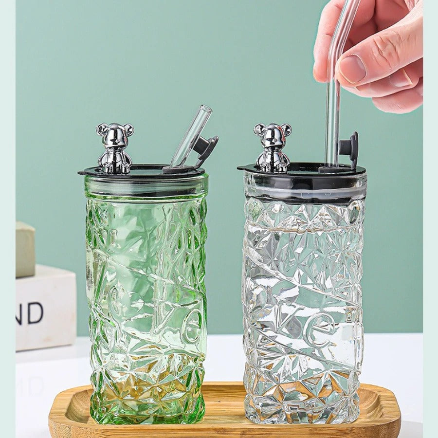 Diamond Acrylic Glass Bear Cup with Lid