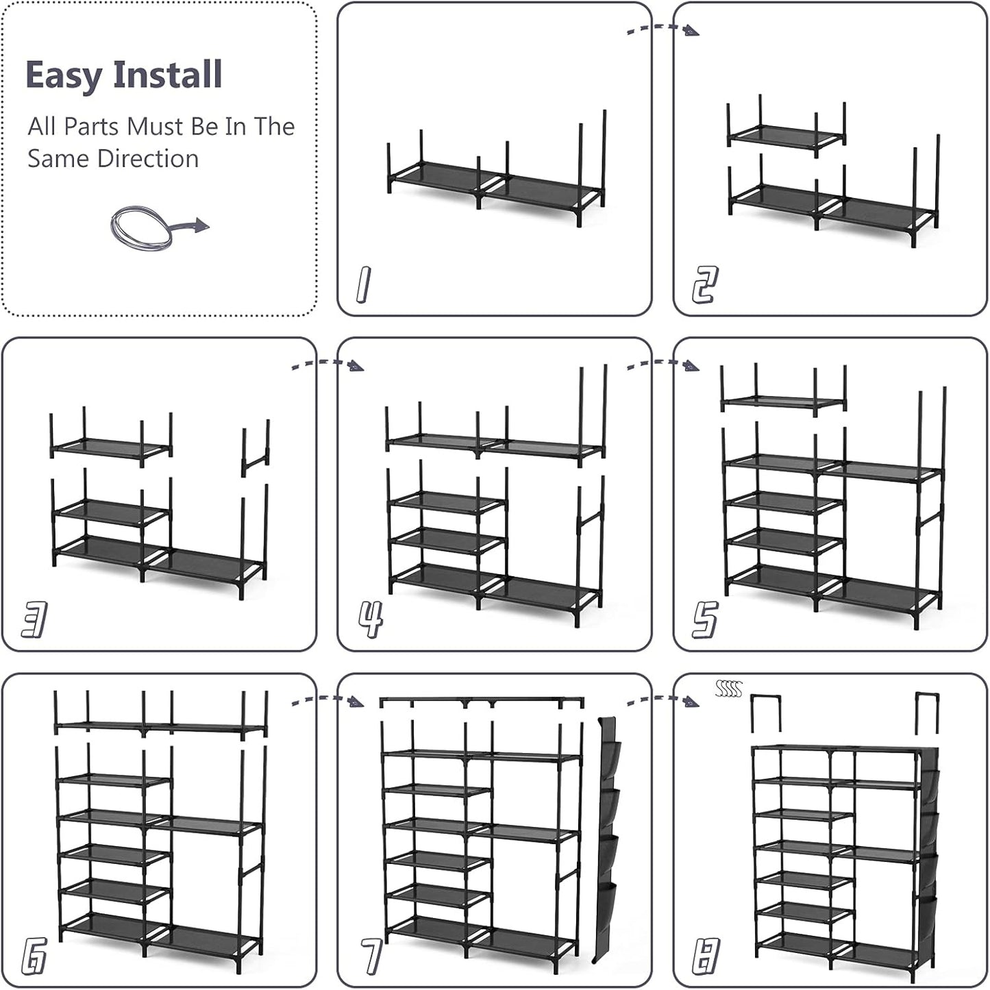 Durable Metal 7 Layer Shoe Rack with Side Hanging Pockets