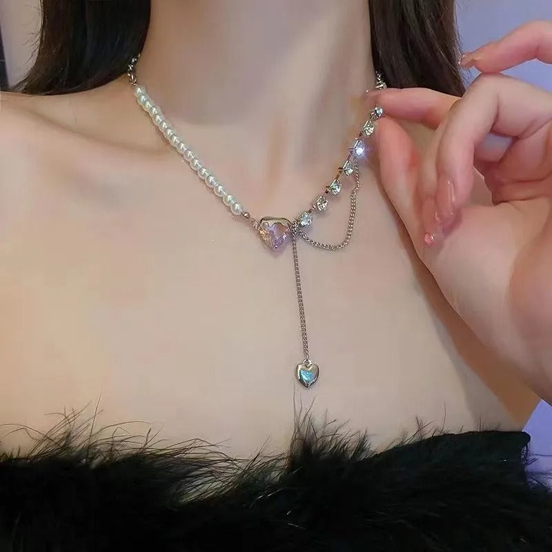 Elegant Retro Pearl & Zircon Heart Heart Necklace