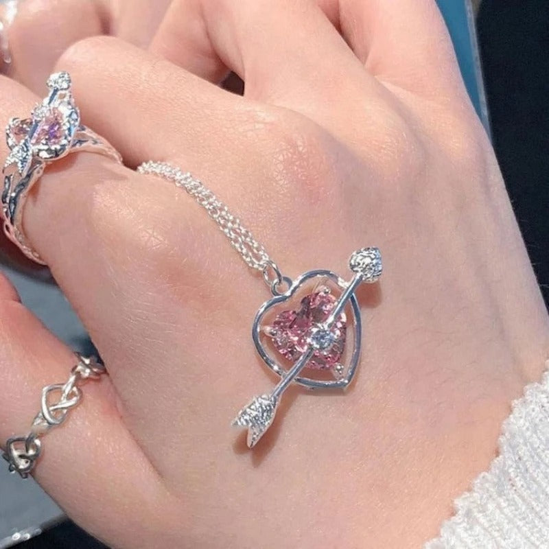Zircon Crystal Cupid Love Pink Heart Pendant Necklace