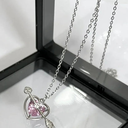 Zircon Crystal Cupid Love Pink Heart Pendant Necklace