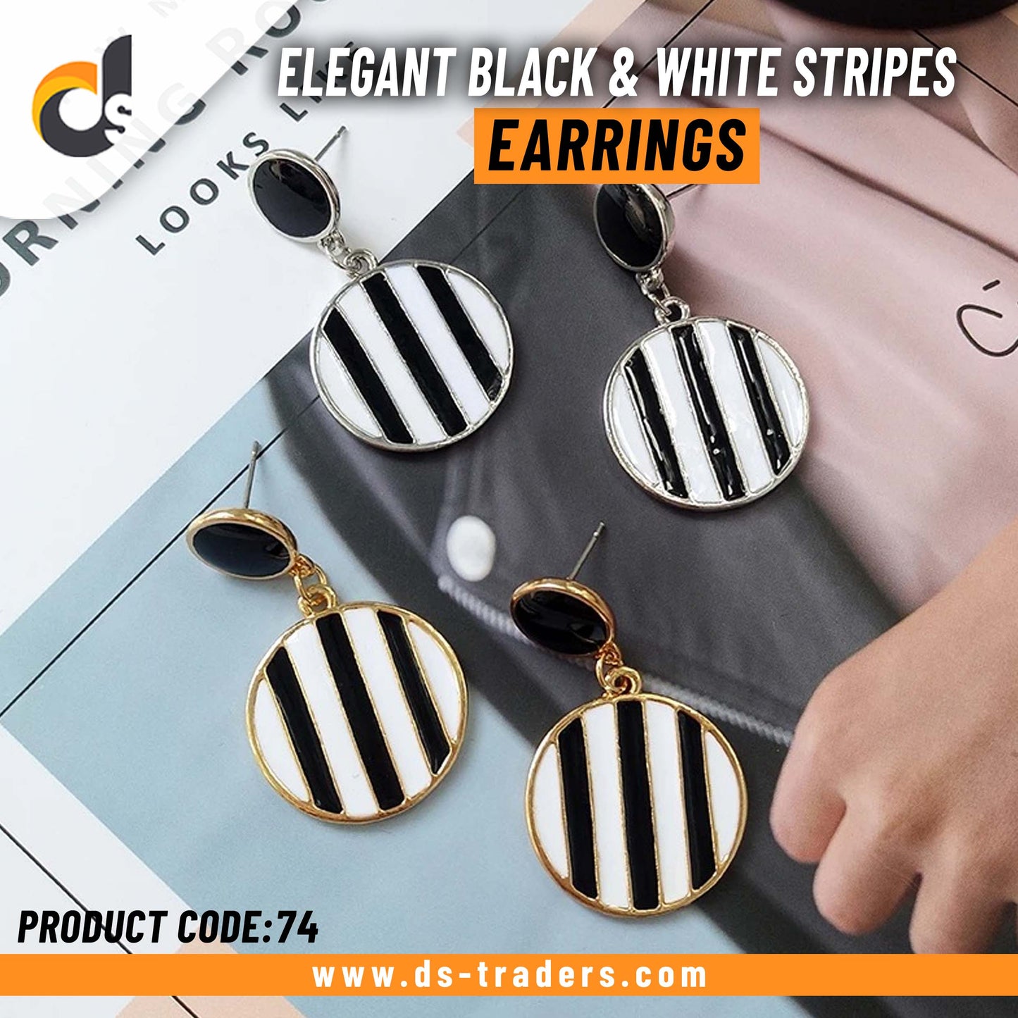 Elegant Black & White Stripes Circle Earrings