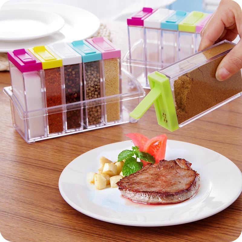 6Pcs Spice Jar Set Home Storage Container with Tray Rack. - DS Traders