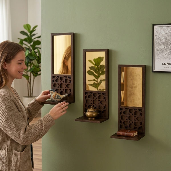 3PCs Wooden & Golden Acrylic Shelf Mirror