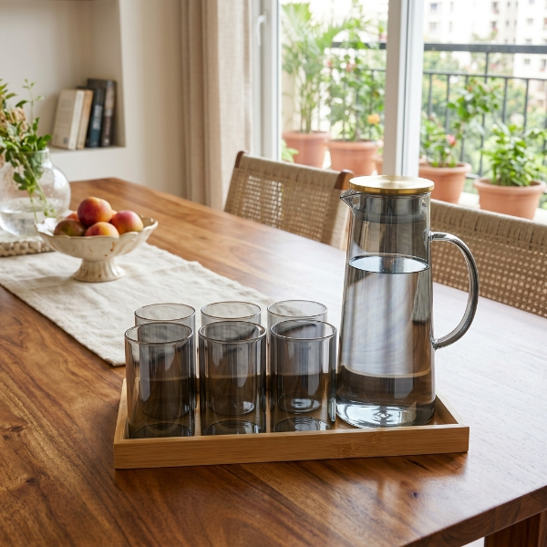 8PCs Glasses & Jug Set with Wooden Tray