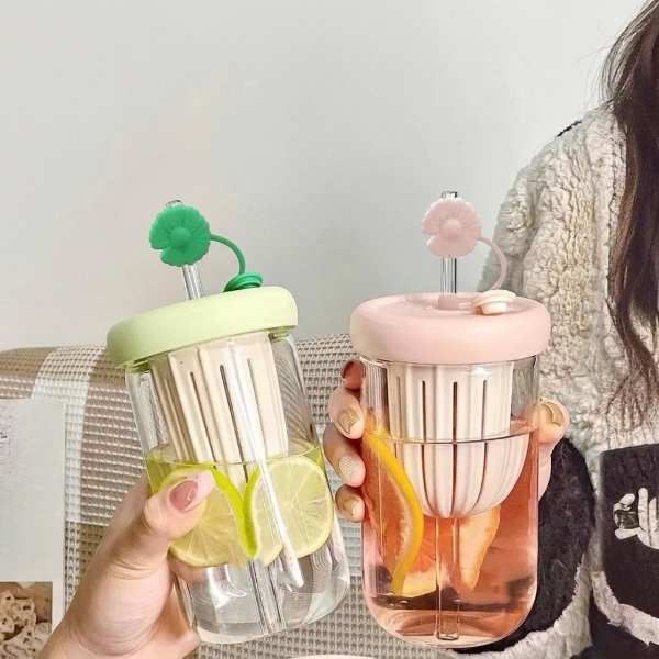 Cute Flower Glass Cup with Straw