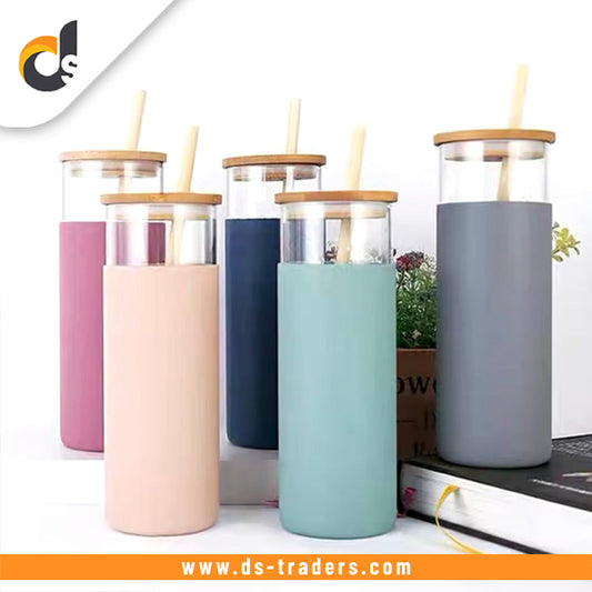 Glass Water Tumbler with Silicone Protective Sleeve  Bamboo Starw & Lid