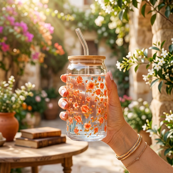 Elegant Floral Glass Mug with Wooden Lid