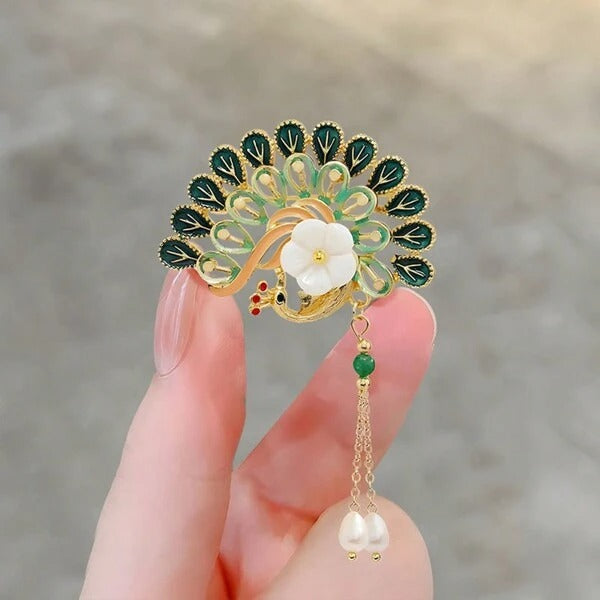 Glamorous Peacock Pearl Tassel Pin Brooch