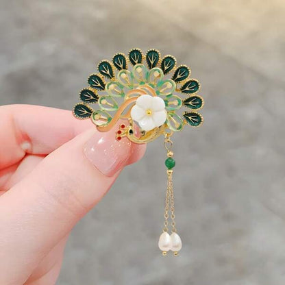 Glamorous Peacock Pearl Tassel Pin Brooch