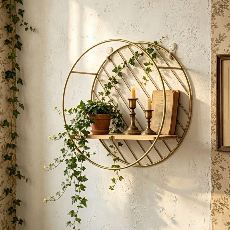 Luxury Round Metal & Wood Wall Shelf