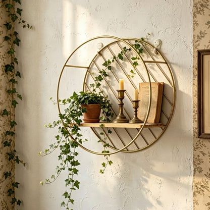 Luxury Round Metal & Wood Wall Shelf