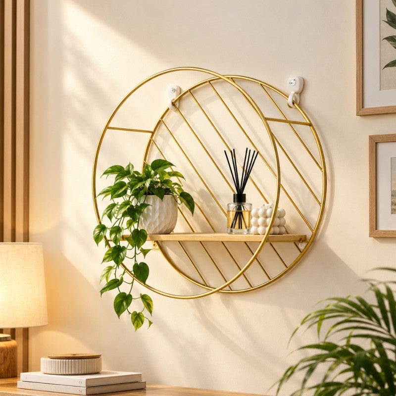Luxury Round Metal & Wood Wall Shelf
