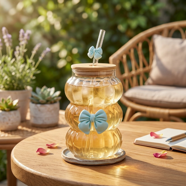 Elegant Wave Bow Glass Mug With Straw