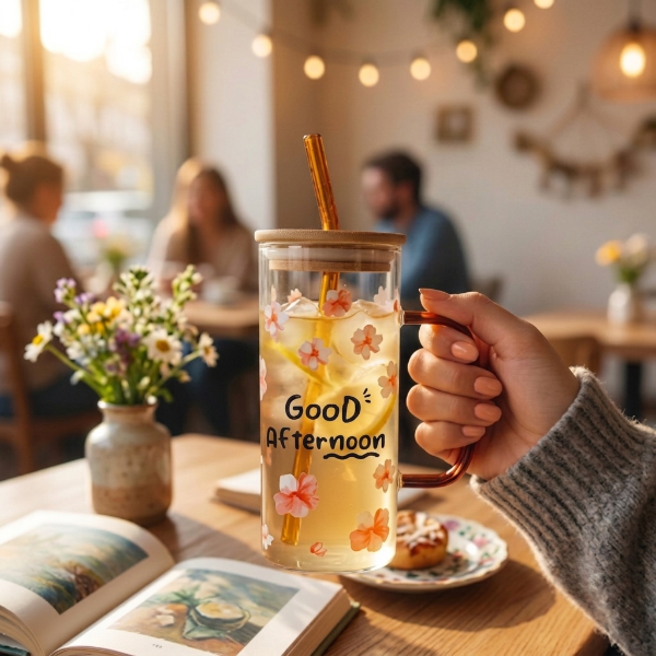 Elegant Greeting Glass Mug With Straw