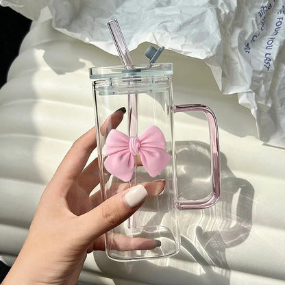 Square Glass Square Mug with Lid & Straw