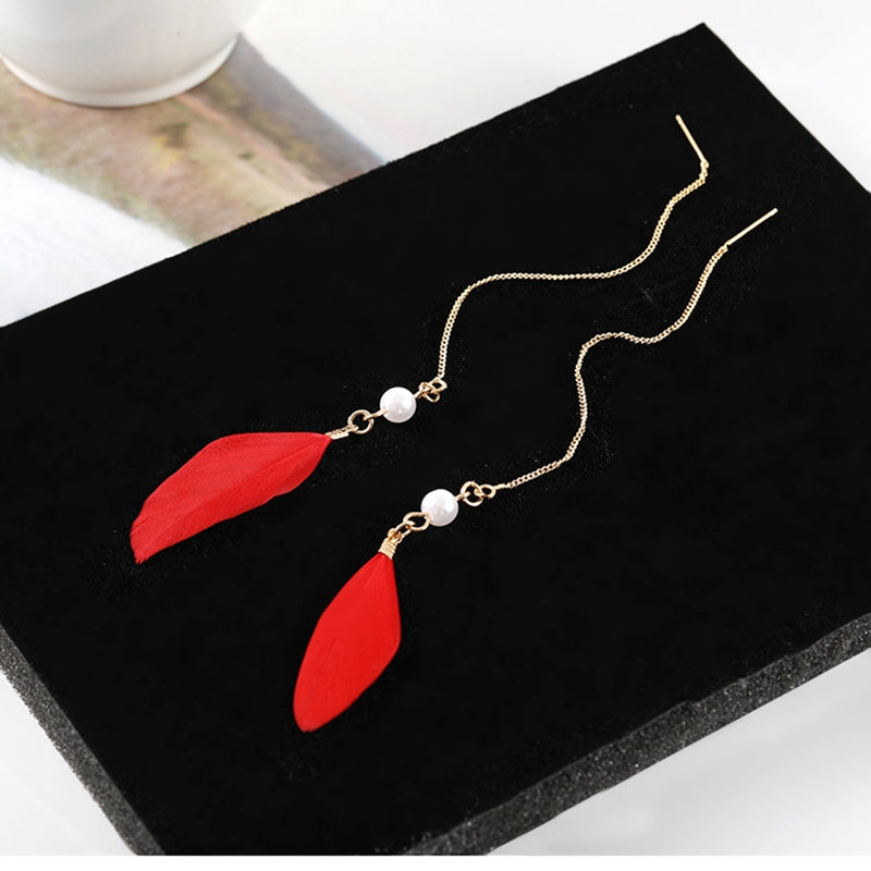 Red Feather Dangle Earrings