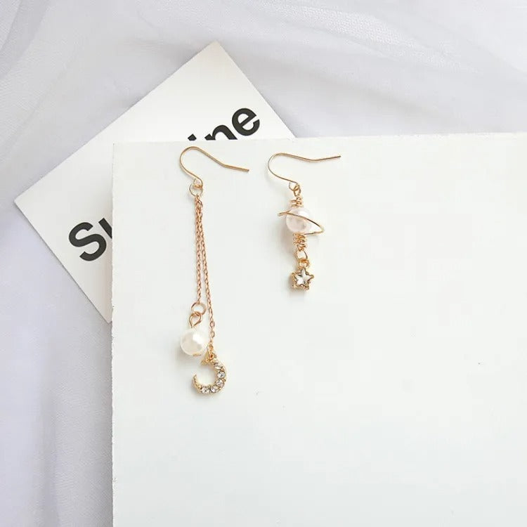 Elegant Pearl Star & Moon Dangling Earrings